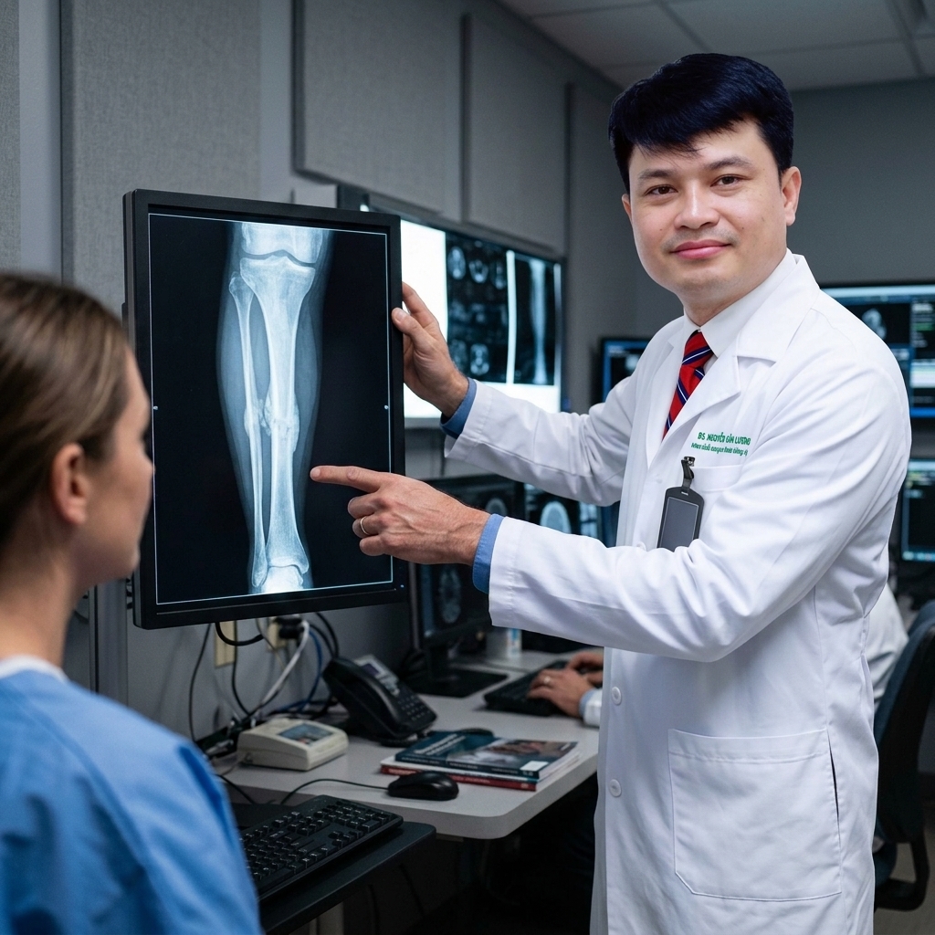 Bác sĩ xem X-quang cố định xương